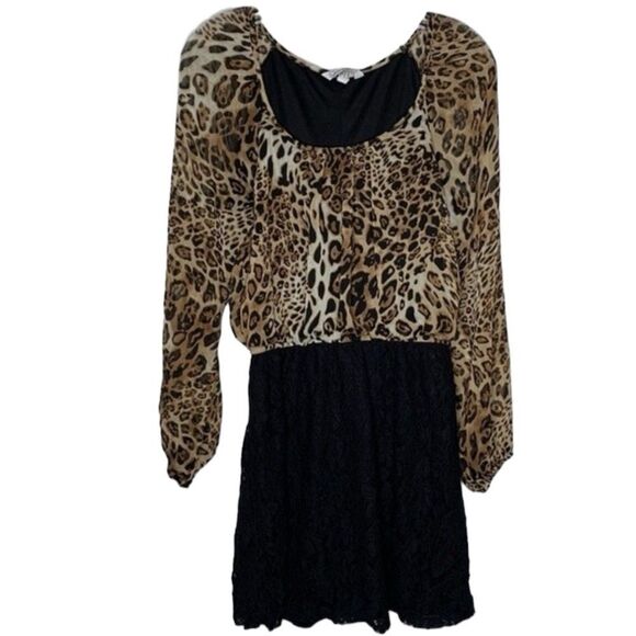 Speechless Black Brown Cheetah Leopard Animal Print Long Sheer Sleeves Lace L - Picture 2 of 10